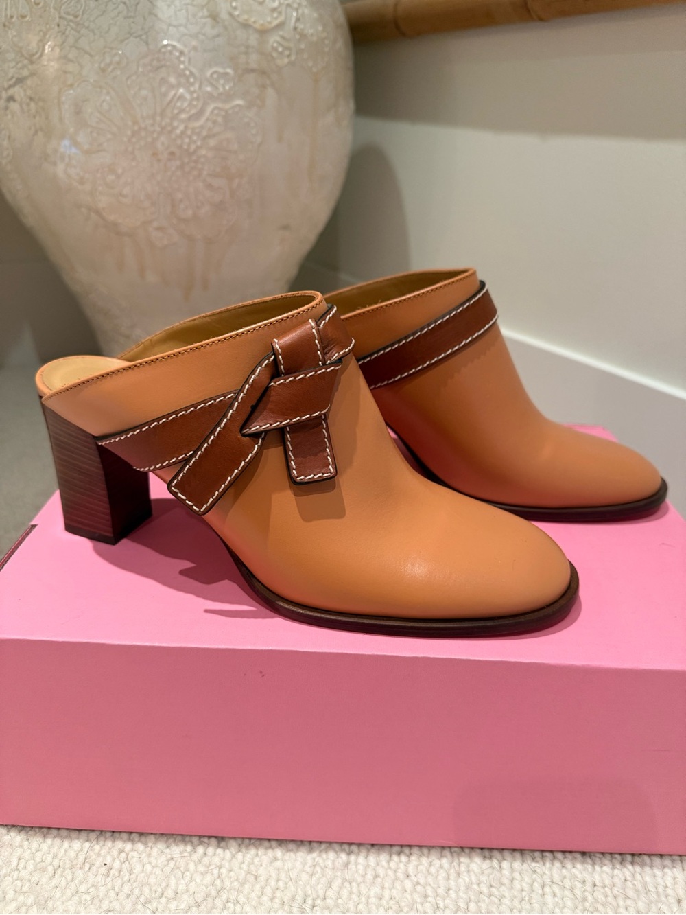 Women's Tan Leather Block-Heel Mules with Contrast Stitching 40 fits like 9